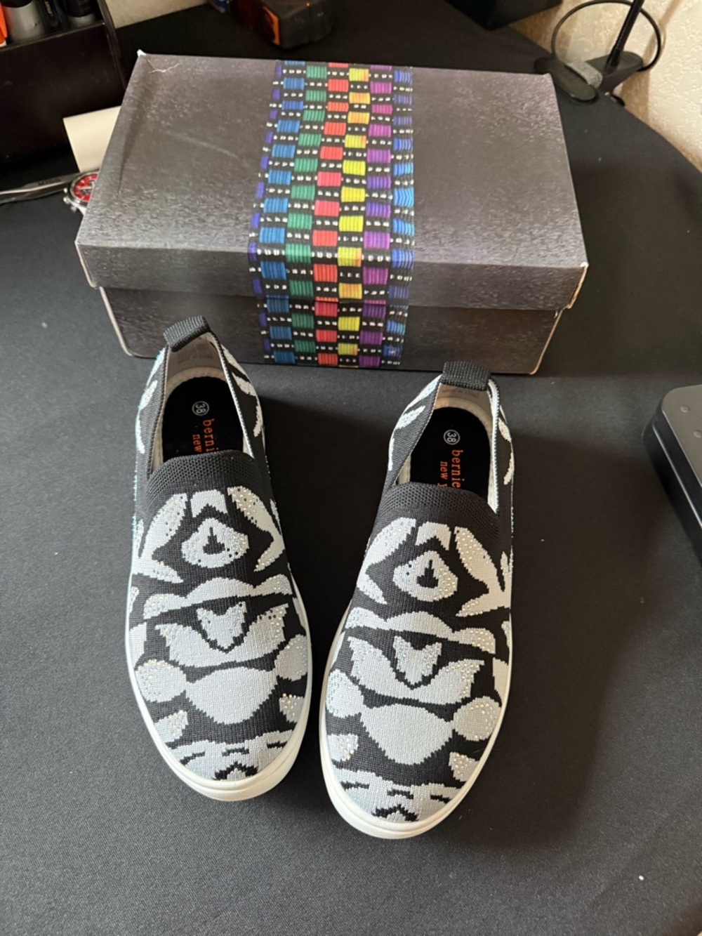 bernie mev. Black & White Patterned Knit Slip-On Sneakers